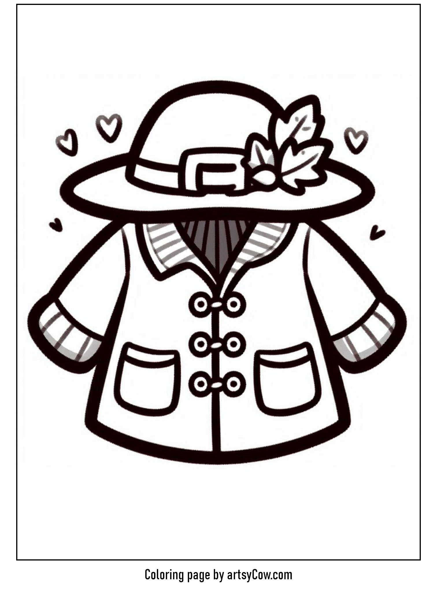 thanksgiving day coloring pages for kids featuring a charming pilgrim coat with a decorative hat, adorned with leaves and surrounded by heart shapes.